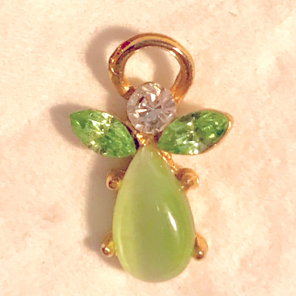 Guardian Angel birthstone for May, emerald & clear crystals & gold plated